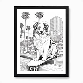 Australian Shepherd Dog Skateboarding Line Art 2 Art Print