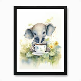 Elephant Painting Drinking Tea Watercolour 1 Poster