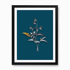 Vintage Blue Spiderwort Black and White Gold Leaf Floral Art on Teal Blue Art Print