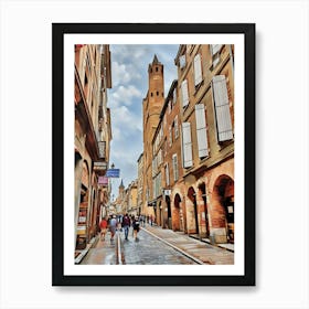 Historic European Street with Tower in Toulouse. This image depicts a bustling street in Toulouse a historic European city, characterized by its cobblestone pavement and tall, narrow buildings with shuttered windows. A prominent feature is the tall, cylindrical tower with a pointed roof, which stands out against the partly cloudy sky. The street is lively with pedestrians, some of whom are shopping or walking in groups. Various shop signs in different languages are visible, adding to the vibrant atmosphere of the scene. Art Print