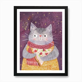 Grey Cat Eating A Pizza Slice Folk Illustration 3 Art Print