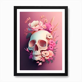 Skull With Celestial Themes Pink Vintage Floral Art Print