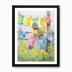 Duckling On The Washing Line Pastel Illustration 1 Art Print