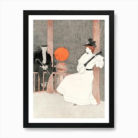 Vintage Woman Playing Banjo Illustration, Edward Penfield Art Print