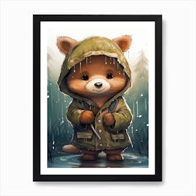 Happy Fox In The Rain Illustration 4watercolour Art Print