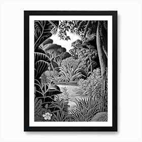 Jardín Botánico Nacional, 1, Dominican Republic Linocut Black And White Vintage Art Print