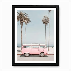 Pink Vw Bus At The Beach Art Print