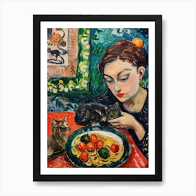 Portrait Of A Woman With Cats Eating Pasta 2 Art Print