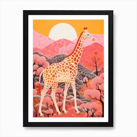 Giraffe Exploring The Nature Orange & Pink 4 Art Print