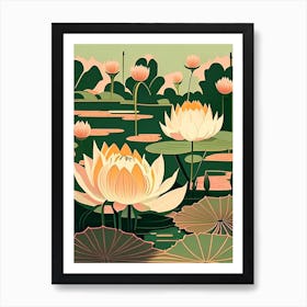 Lotus Flowers In Park Retro Illustration 1 Art Print