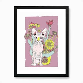 Cute Sphynx Cat With Flowers Illustration 2 Art Print