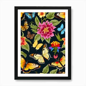 Seamless Pattern With Butterflies And Flowers 11 Art Print