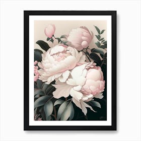 White Wings Peonies Pink 1 Vintage Sketch Art Print