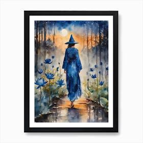 Blue Lotus Witch ~ Blue Moon Witchcraft Fairytale Witchcraft Sacred Spirit Watercolor Painting China Yoga Meditating Spiritual Witches Witchy Painting Art Print