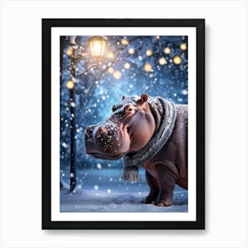 Hippo Wearing A Cozy Knit Cap And Scarf In A Winter Wonderland Fur Covered In Soft Snowflakes Fall Art Print