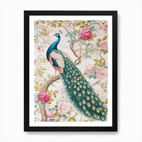 Floral Pink Roses Peacock Wallpaper Art Print