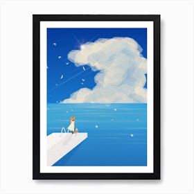 Minimal art Illustration Of A Woman Standing On A Dock at the beach Art Print