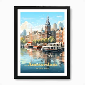 Amsterdam Netherlands Canal Ride Travel Illustration Art Print