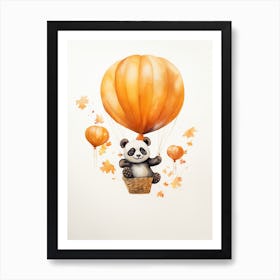 Panda Flying With Autumn Fall Pumpkins And Balloons Watercolour Nursery 4 Art Print