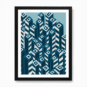 URBAN Graphic Abstract Architecture Skyscraper Line Drawing Colour Blocks in Indigo Blue White Art Print