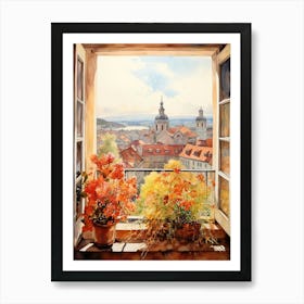 Window View Of Ljubljana Slovenia In Autumn Fall, Watercolour 1 Art Print