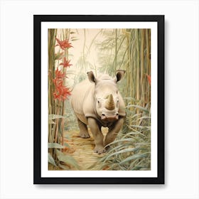 Vintage Illustration Of A Rhino Walking Through The Leaves 1 Art Print