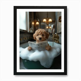 Photo Of An Adorable Golden Doodle Puppy Lying In The Foam Filled Bathtub Reading The New York Times Newspaper With Its Paws Holding Onto The Pages And Eyes Sparkling With Curiosity Art Print