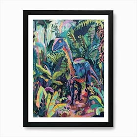 Colourful Dinosaur In The Jungle Leaves Painting 2 Art Print