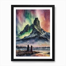 Winter Witches Watch The Northern Lights ~ Yule Witchy Witchcraft Pagan Artwork Watercolor Illustration Witch Fairytale Gothic Art Print