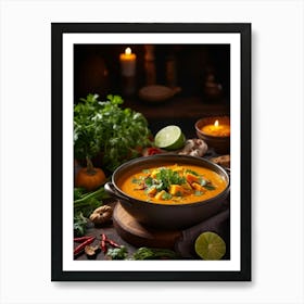 Autumn Pumpkin Curry Soup Steaming In A Rustic Ceramic Bowl Surrounded By An Array Of Vividly Spice Art Print