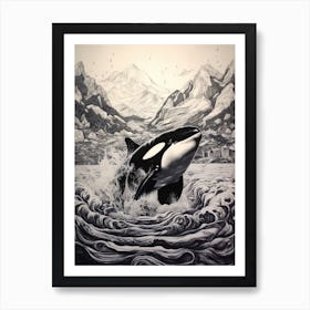 Black Pen Drawing Of Orca Whale And Waves Art Print