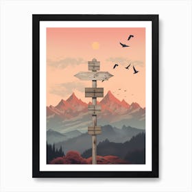 Wooden Signpost With Birds Art Print