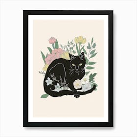 Cute Black Cat With Flowers Illustration 2 Art Print