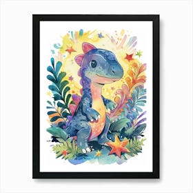 Starry Rainbow Dinosaur At Night 1 Art Print