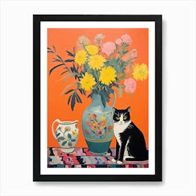 Carnation Flower Vase And A Cat, A Painting In The Style Of Matisse 1 Art Print