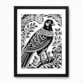 B&W Bird Linocut Pigeon 2 Art Print