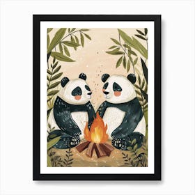 Giant Panda Two Bears Sitting Together By A Campfire Storybook Illustration 3 Art Print