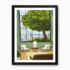 Living Room With Tree Garden Illustration Art Print