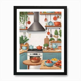 Kitchen With Pots And Pans Illustration Art Print