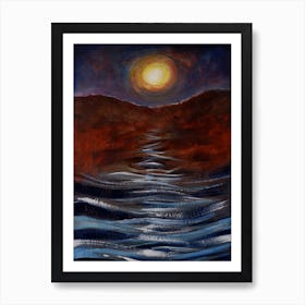 Silver Waves - painting handpainted acylic vertical moon sun moon river sunset impressionism classical livingroom bedroom Art Print