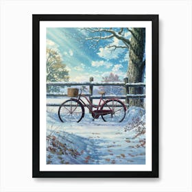 Anime Canvas Art: Serene Winter Scene with Vintage Bicycle and Falling Snow, Perfect for Lofi Aesthetic and Nature Lovers. Art Print