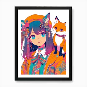 Pretty Anime Girl with Fox 13 Art Print