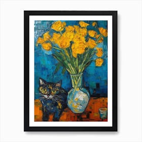 Still Life Of Marigold With A Cat 1 Art Print