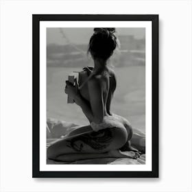 Naked Woman Reading Book Black And White Beach Photography Vintage Art Print