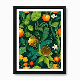 Seamless Pattern With Oranges And Flowers Art Print