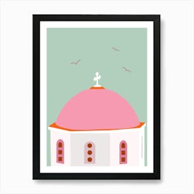 Santorini Travel Greece Pink And Green Art Print