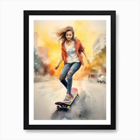 Girl Skateboarding In Miami, United States Watercolour 3 Art Print