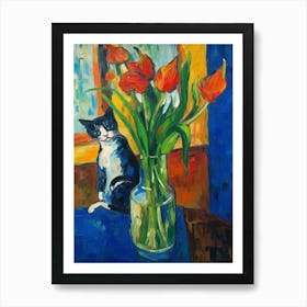Still Life Of Sweet Pea With A Cat 4 Art Print