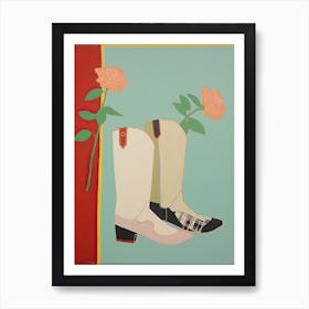 A Painting Of Cowboy Boots With Red Flowers, Pop Art Style 6 Art Print