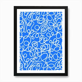 Loops and Knots Tangled Abstract Textured Line Doodle Swirls White on Blue Art Print